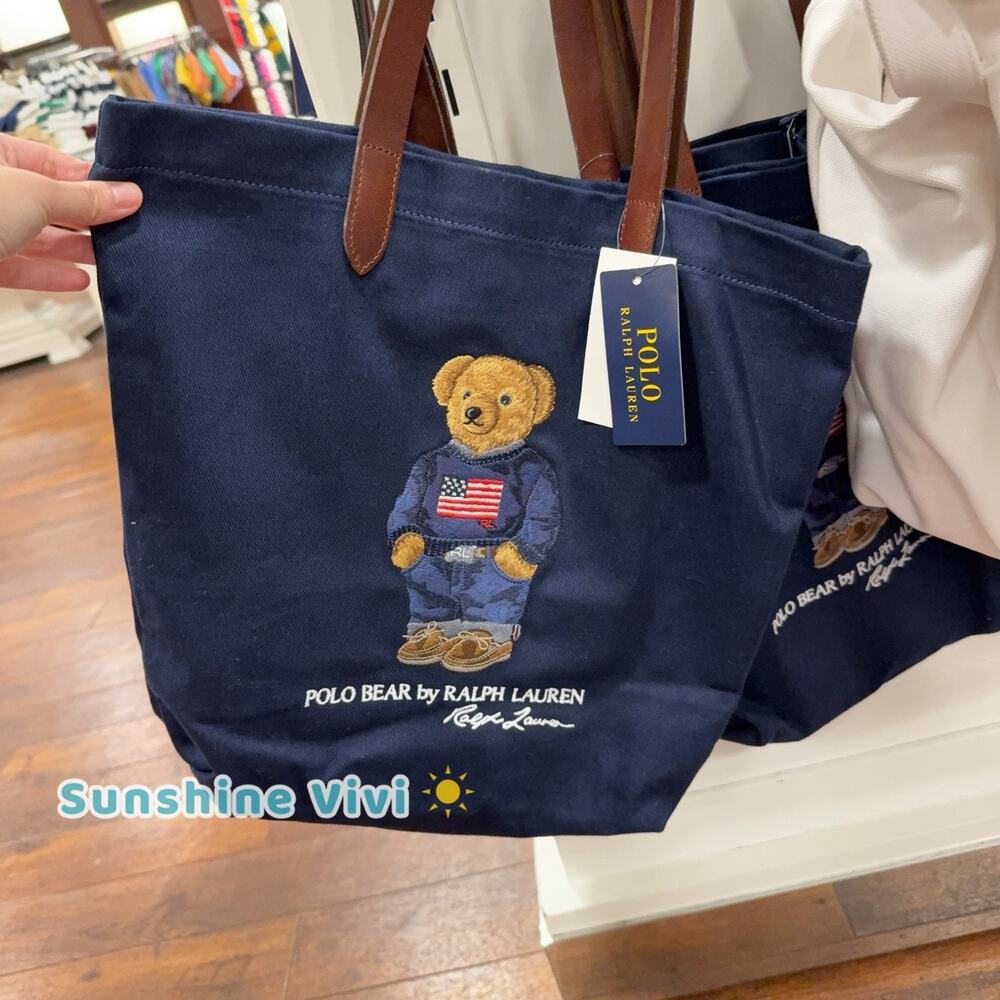 NWT Polo Ralph Lauren Cotton Embroidered American Bear Tote Bag Canvas Navy